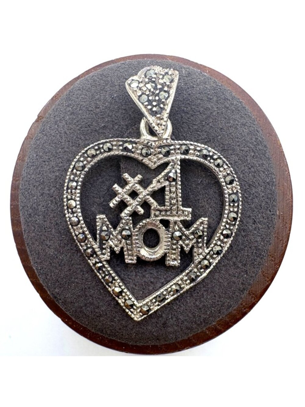 Marcasite Number One Mom Heart Pendant Sterling Silver 925 Size 1.5" Length